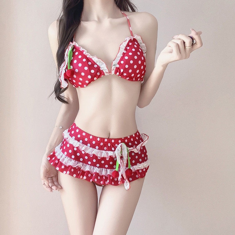 A Bathing Ape Camo - 3-delig damesbikini, rood met stippen, kersendecoratie,
